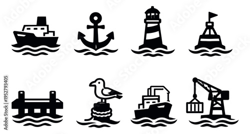 Solid glyph nautical icon set featuring a ship, anchor, lighthouse, and port crane for marine industry