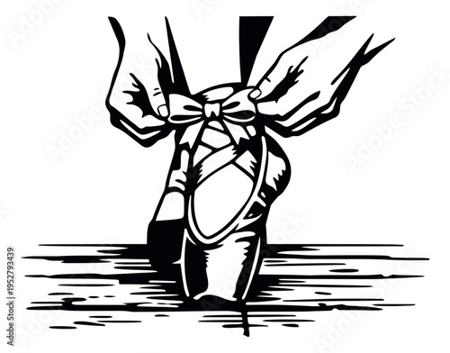 Line art illustration of a ballet slipper depicting hands tying ribbons for a dance performance