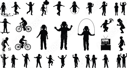 Children playing silhouettes, kids activities collection, jumping rope, cycling, skateboarding, ball games, cad drawing flat vector illustrationrint