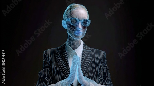 Blue holographic avatar in tailored suit, steepled hands signaling authority during virtual board meeting translucent interface projections display charts and global network nodes ambient neon rim
