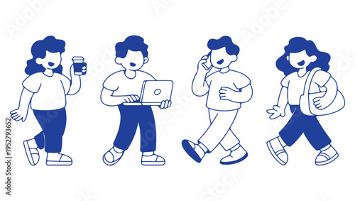 Four people walking each engaged in different daily activities with devices