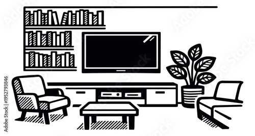 Line art illustration of a living room depicting home furnishings for interior decoration