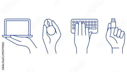 Hand holding various objects smartphone mouse blister pack and usb drive