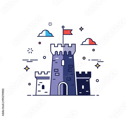 Medieval castle architecture concept centered on a fortified tower silhouette with battlements and a tiny flag above, expressing defense, feudal power, and