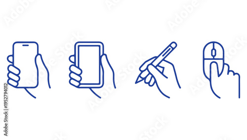 Hand holding mobile devices stylus and mouse digital interaction icons