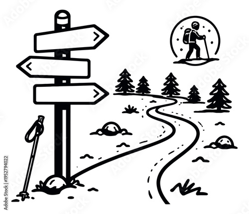 Hand drawn line art hiking elements set featuring a signpost, winding path, and a hiker icon for outdoor adventure