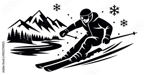 Graphic illustration of a skier depicting downhill skiing with mountains and snowflakes for winter sports