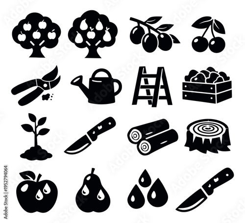 Silhouette gardening and fruit farming set featuring trees, tools, and produce for agriculture and horticulture projects