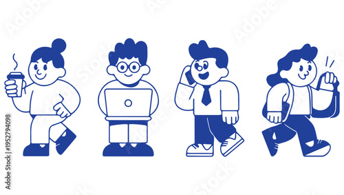 Four cartoon people engaging in different daily activities a modern illustration