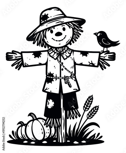 Hand drawn line art illustration of a scarecrow depicting a bird on its arm with pumpkins and wheat for autumn harvest