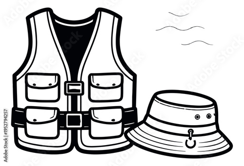 Hand drawn line art fishing gear set featuring a fishing vest and a bucket hat for fishing activities