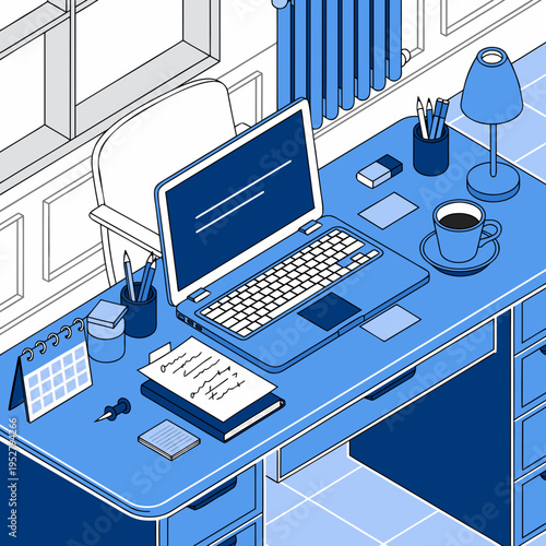 Isometric office workspace desk with laptop coffee cup and stationery