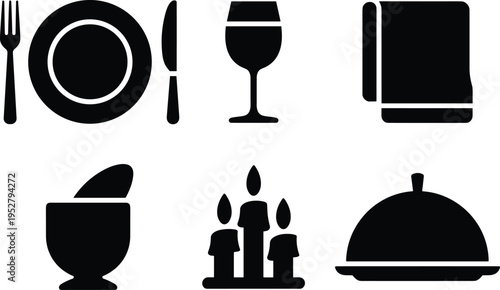 Dining icons: plate, cutlery, wine glass, napkin, bowl, candles, platter - elegant black and white graphics