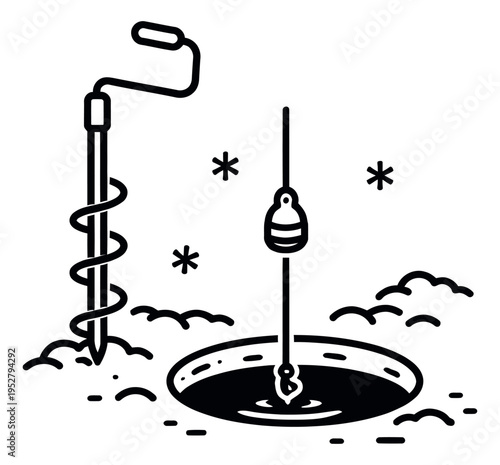 Line art illustration of an ice fishing hole depicting an auger and lure for winter hobbies