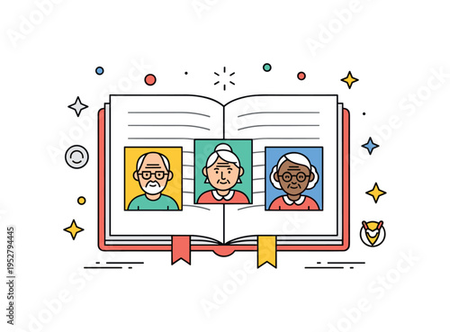 Family album memory collection illustrated by an open book icon with three small age diverse portraits inside, expressing preservation of stories and