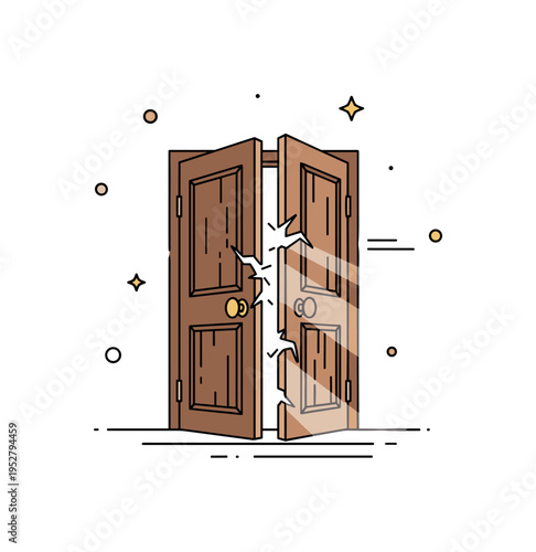 Old wooden door slightly ajar with sunlight streaming through cracks, evoking mystery, nostalgia, and the passage of time. Minimalist flat vector illustration,