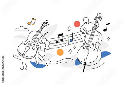 Timeless melody. Classical instruments floating together in balance, violin, cello, and notes forming a visual rhythm. Sense of tradition blended with modern