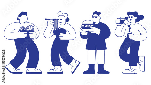 People enjoying various foods and drinks in a minimalist blue illustration