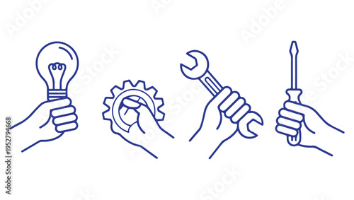 Hands holding tools a lightbulb wrench gear and screwdriver illustration