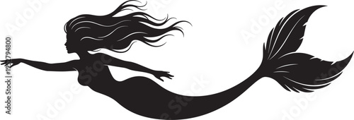 Elegant mermaid silhouette vector illustration, flowing hair underwater fantasy character design, mythical sea creature icon, minimal black shape, ocean theme graphic isolated