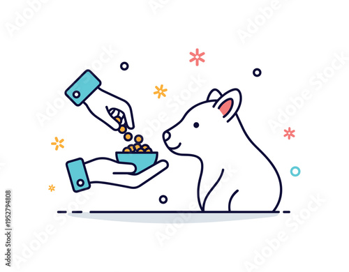 Animal feeding time at the zoo illustrated by a small hand silhouette offering food toward a gentle animal outline, symbolizing interaction and learning. The