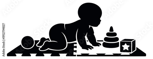 Silhouette illustration of a baby depicting crawling with play toys for early childhood development
