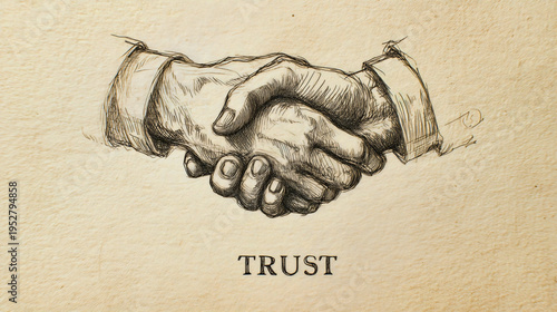 Hand-drawn graphite sketch of a firm handshake on textured vintage paper with 
