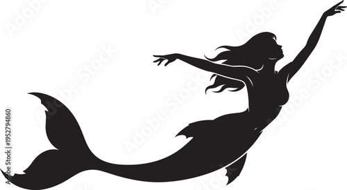 Graceful mermaid silhouette swimming upwards, elegant mythical sea creature with flowing hair and long tail, fantasy ocean goddess vector illustration, isolated on white background.