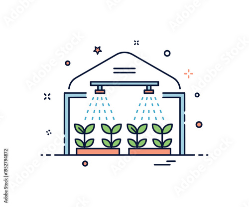 Greenhouse irrigation solution featuring overhead misting nozzles gently watering rows of plants inside a simple greenhouse outline, symbolizing controlled