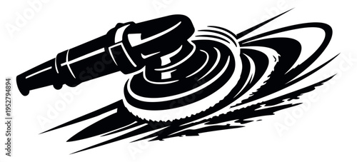 Stylized graphic illustration of an orbital polisher depicting rapid polishing action for automotive detailing