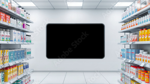 Shelves filled with various grocery items line the aisle in a store. A black screen is placed at the end of the aisle, creating a blank space in the setting.