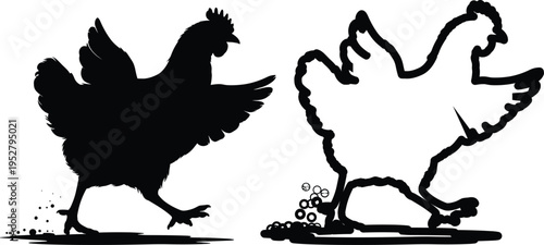 Chicken Silhouettes Running with Feathers and Dust Farm Animal Vector Art