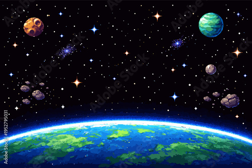 Earth surface and space scene with colorful planets, stars, and asteroids, pixel art