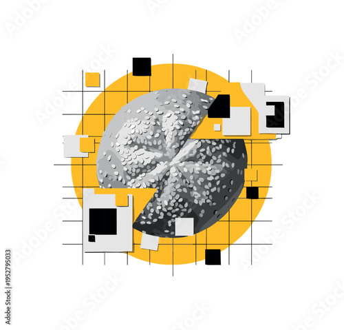 Oversized monochrome sesame seed bun top cropped dramatically at the edges, framed by a bold yellow circular shape and intersected by thin black grid lines,