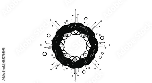 Mandala design features intricate geometric patterns arranged in a circular formation with symmetrical lines and decorative dots on a white background.