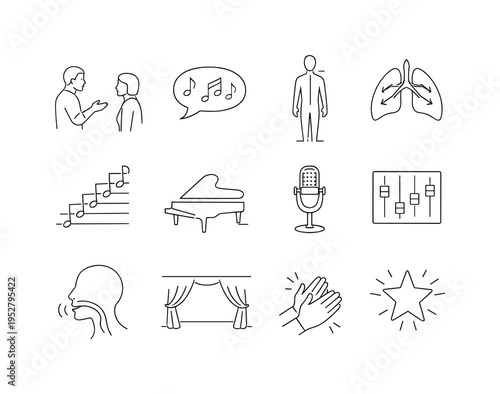 Voice Coaching and Performance. Minimalistic set one-line drawing vocal coach and student, speech bubble with notes, posture alignment line, breathing exercise
