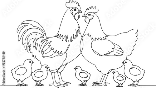 Rooster Hen and Chicks Family Standing Together Continuous Line Drawing