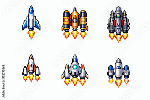 Pixel art spaceship collection launching, a retro arcade game sprite set