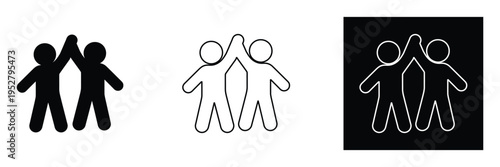 Three stick figures high fiving teamwork and partnership in business and friendship