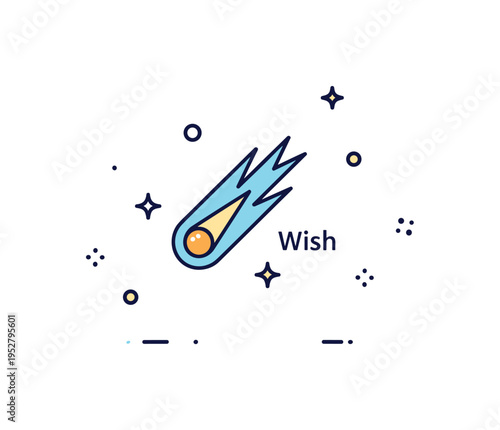 Shooting star wish concept centered on a luminous meteor with a tiny text accent Wish nearby, complemented by subtle starbursts that suggest hope and fleeting