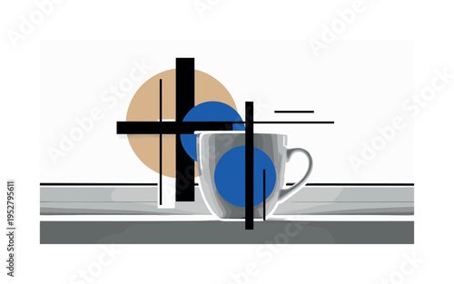 A monochrome close-up of a ceramic mug resting on a window sill, intersected by large flat circular shapes symbolizing morning light, abstract rectangular