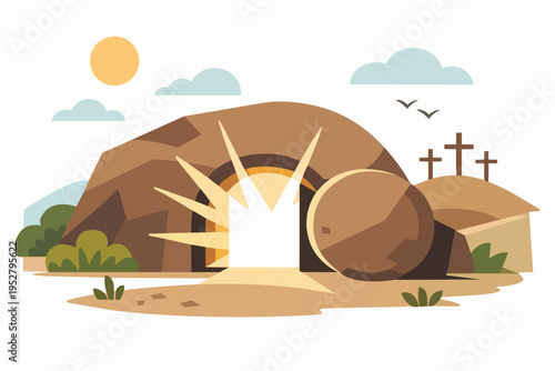 Jesus Christ resurrection and an empty tomb with rolling stone