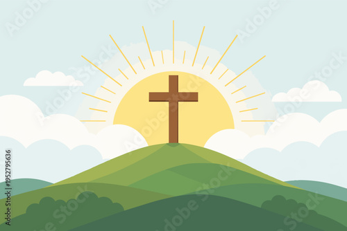 Christian cross standing on a green hill with a bright rising sun and clouds in the sky
