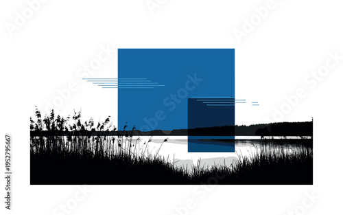Black and white reeds in foreground with calm lake beyond, large blue geometric block offset behind landscape silhouette, subtle diagonal lines implying
