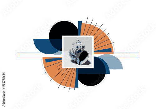 A black and white retro photograph-style moon rover with visible antennas and large textured wheels, placed slightly off-center, combined with bold orange