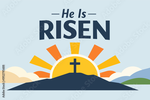 Easter banner featuring cross on hill with rising sun and clouds, celebrating Christ's resurrection