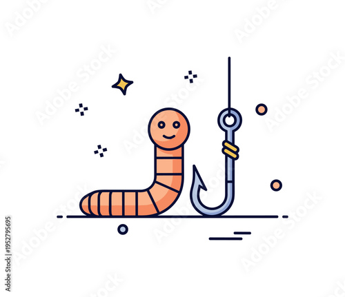 Fishing bait concept depicted by a simple earthworm beside a minimal hook icon, representing outdoor recreation and angling preparation. The composition