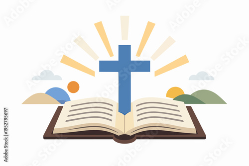 Christian cross illuminating open Bible, symbolizing faith, spirituality, and gospel studying