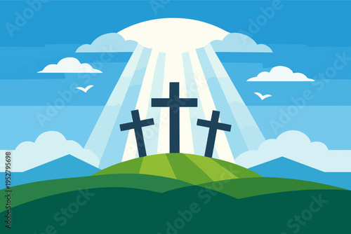 Three crosses are standing on a green hill with light rays from a cloud