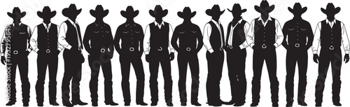 Cowboy group silhouette vector illustration, row of men in western hats and vests standing together, wild west characters isolated on white background, rodeo.